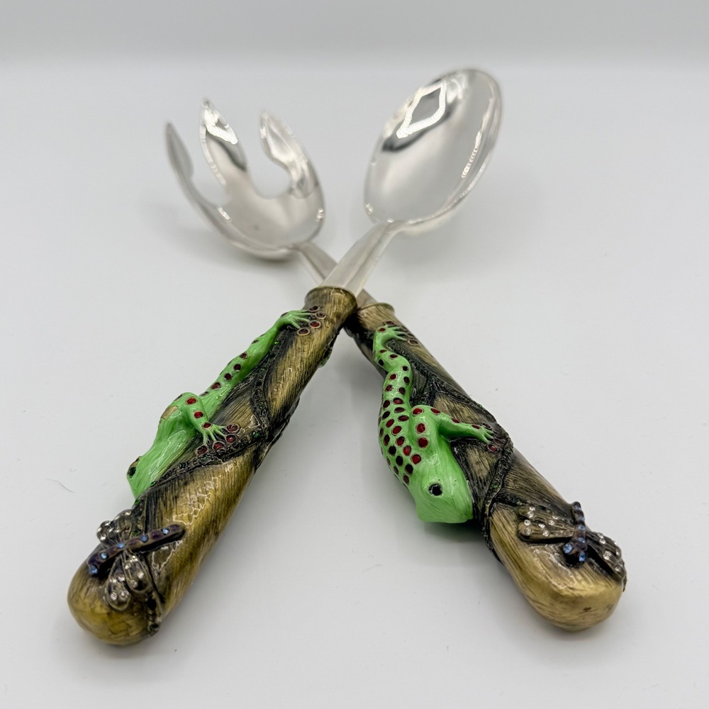 Vintage Frog & Dragonfly Salad Serving Set Resin Handles Silver Tone 11"